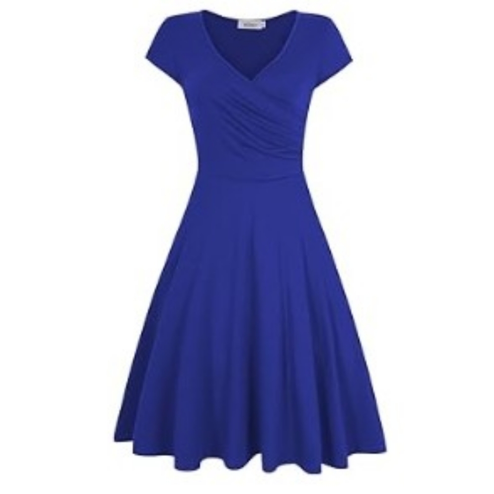 Cross V-Neck Slim Knee Length Swing Elegant Blue Dress